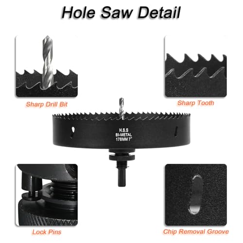 VIKITON 7 Inch Hole Saw with Arbor for Wood Metal Plastic, 7 in Bimetal Hole Cutter, Fast Chip Removal, Smooth Flat Drilling Edge, Lightweight & Portable (Black)