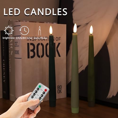 Image of Green Flameless Taper Candles, 9.6 inch Real Wax Battery Operated Candles with Remote, 3 Pack Flickering, Gradient Candlesticks, Fake Candle for Home, Wedding, Party Decor