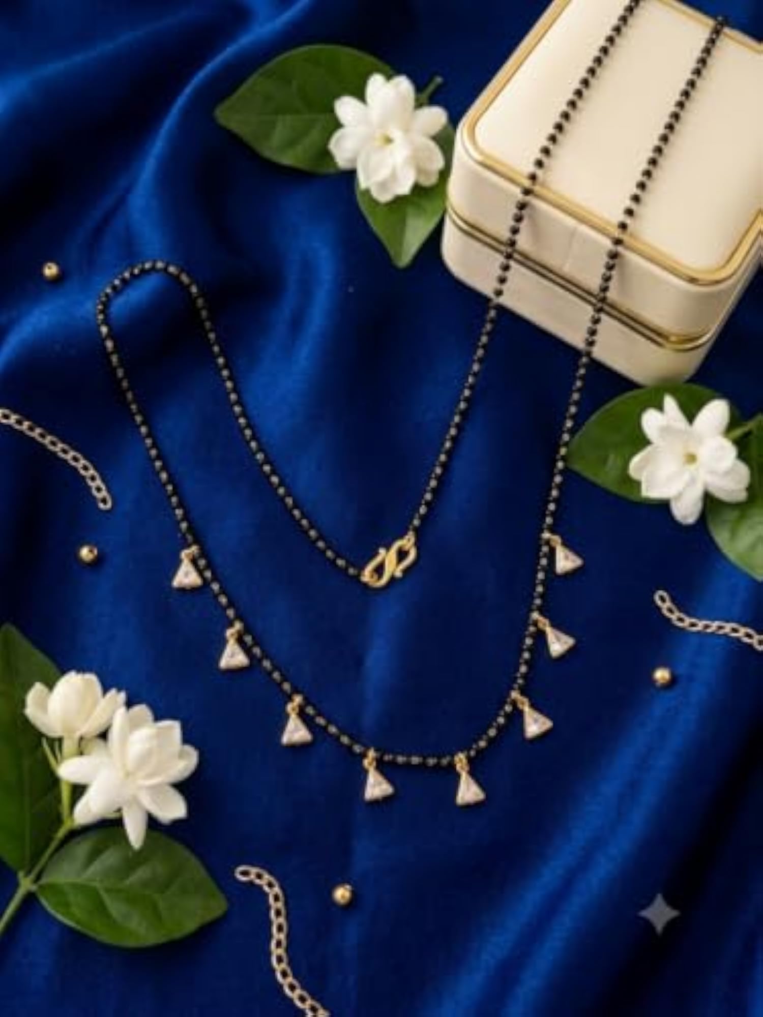 Women's Gold Plated Black Beads Mangalsutra with Triangle Zircon