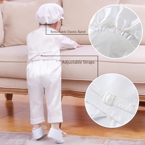 Image of Booulfi Baptism Christening Outfits for Baby Boy Outfits,NB- 5t Boy Clothes | 4 Piece Button Down White Shirt Bow Tie Photography Suspenders Baptism Outfits for Boys,Newborn 5t Boys Clothes Summer