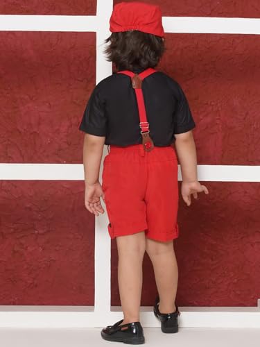 Image of AJ DEZINES Kids Clothing Cotton Blend Solid Shirt Shorts With Cap and Suspender Set For Boys