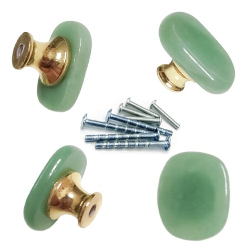 YOUYOUULU 4 pièces de boutons de tiroir en pierre naturelle verte d'aventurine, poignées en pierre pour tiroirs, vert jade, poignées de tirage en laiton,...