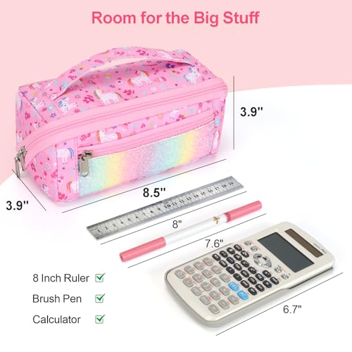 Image of Large Pencil Case for Girls, Aesthetic Pencil Pouch for School, Wide Opening Organizer Box with Handle, Fits 50 Pens & Markers (Glitter Pink Unicorn)