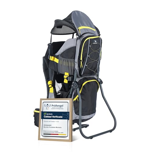 DROMADER Mochila Portabebe Montaña   Portabebes Senderismo hasta 22kg con Protector Solar, Protector de Lluvia, Bolsillo Térmico y Cambiador   Estructura Plegable con Una Mano – Negro y Amarillo