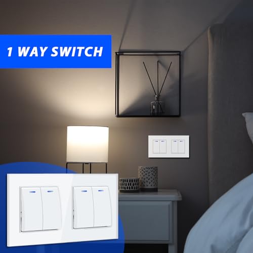 BSEED Lichtschalter Unterputz mit Steckklemme, Lichtschalter Glas 2 Fach 1 Weg+2 Fach 1 Weg, Taster Schalter Unterputz mit LED Kontrollleuchte, Wandschalter für Wohnzimmer, Büro, Küche-Weiß