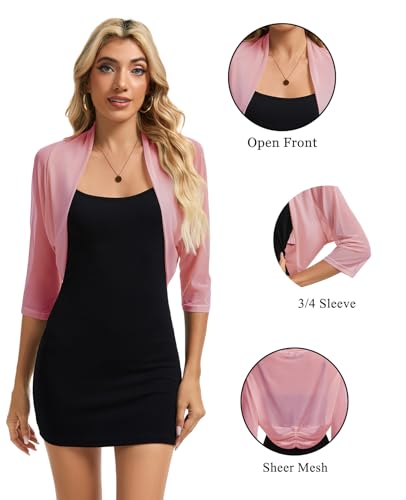 Image of MINTLIMIT Women's Elegant Sheer Mesh Shrug Bolero Batwing 3 /4 Sleeve Open Front Cropped Cardigan Shrugs for Evening Dress