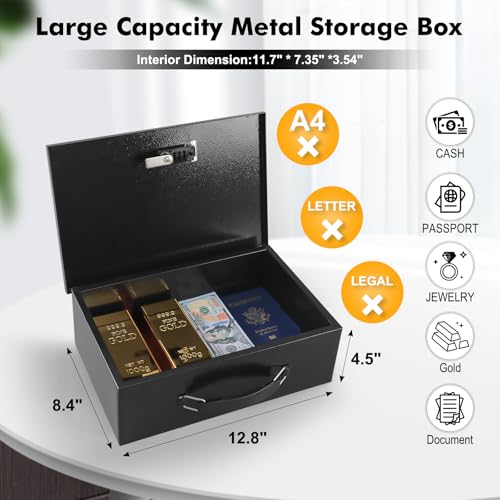 KYODOLED Fireproof Lock Box for Documents, Dual Combination and Key Lock Security with Carrying Handle, Metal Strong Safe Box to Keep Personal Items,Documents, Exterior 12.8" x 8.4" x 4.5", Black - Thumbnail 2