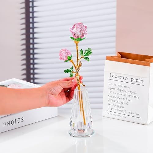 Rose Flower Crystal Figurine - Handmade Pink Bouquet