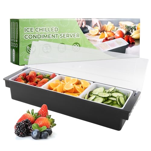 WICHEMI Fruit, Veggie & Condiment Caddy with Lid Dispenser Tray Plastic Garnish Station for Bartending & Serving Taco, Ice Cream, Salad Bar - Topping Organizer for Restaurant Supplies (3 Compartment)