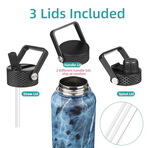 Konokyo 22oz Stainless Steel Bottles with 3 Lids Sport Insulated Water Bottle,Marble Ocean