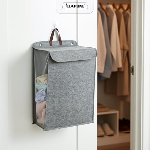 Image of Wall Hanging Laundry Basket Collapsible Laundry Hamper with Handle & Laundry Balls Foldable Space-Saving Dirty Clothes Organizer for Bathroom & Bedroom (Grey, Large)