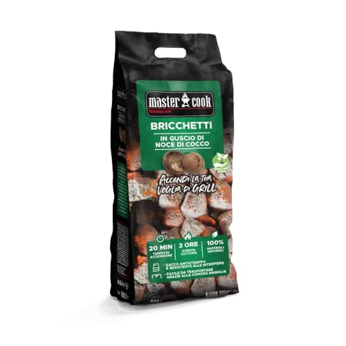 MasterCook - Bricchetti Barbecue In Guscio Di Noce Di Cocco Naturali, Carbone Di Cocco Ecologico Con Lunga Durata Fino A 3 Ore, Carbonella Per Barbecue In Sacco Antistrappo Con Maniglia (4 Kg)