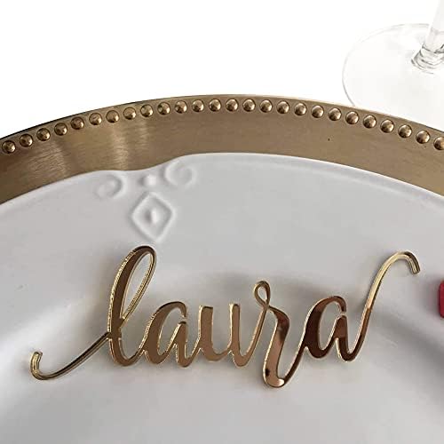 Gold Wedding Place Cards Personalized Acrylic Laser Cut Names Place name settings Guest name tags Wedding Signs Calligraphy Modern New Font Wood Decorations Wooden Centerpieces Dinner Party Decor