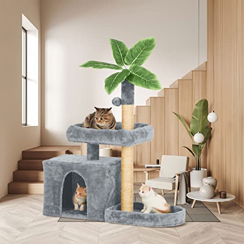 Image of 31.5inch Small Cat Tree Tower Condo for Indoor Cats, Soft Plush Multi-Level Climbing Tree Cat House with Cat Cave, Scratching Post, Sisal Rope, Grey