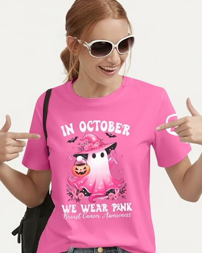 Breast Cancer Awareness Shirts for Women in October We Wear Pink T-Shirt Halloween Ghost Graphic Ribbon Tees3
