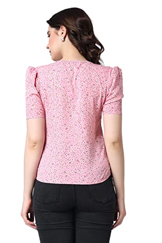 Image of POPWINGS Casual Printed Puff Sleeves Round Neck Top for Women || Stylish Summer Tops for Women || Hip-Length Women Top