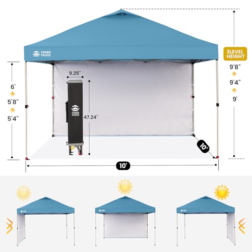 CROWN SHADES 10x10 Pop Up Canopy with 1 Side Wall - Beach Tent with One Push Setup - Outdoor Sun Shade for Events, Parties, Camping - Gazebo with STO-N-Go Cover Bag (Cyan Blue) - Image 4
