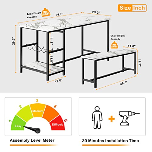 Dining Table Set For 4, 3 Piece Kitchen Table And Chairs Set With 2 Benches, Small Kitchen Table Set With Wine Rack And Glass Holder, Rustic Metal Frame For Breakfast Nook Apartment (White Statuario) #TOP5