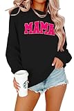 ASTANFY Mama Sweatshirt Women Oversize Glitter Patch Mama Crewneck Sweatshirts Loose Fashion Pullover