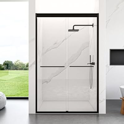 44-48" W x 72" Shower Door, Semi-Frameless Double Sliding Glass Shower Door, 1/4 inch Clear Tempered Glass Door for Walk-in Shower Matte Black