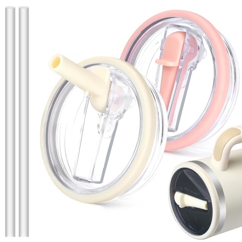 2 Pack 30 oz Tumbler Flip Straw Lid Replacement Compatible for Stanley Quencher, Leak Proof Lid Replacement for Stanleys H2.0 FlowState Tumbler, Spill Proof Tumbler Cover for Stanley Cup(Cream & Pink)
