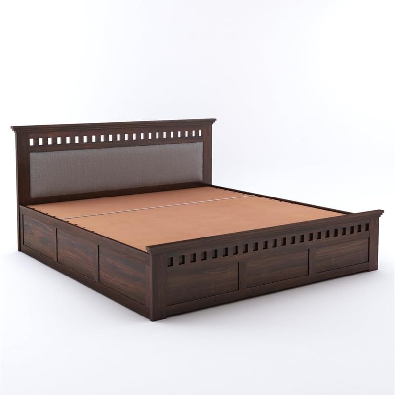 Image of Amazon Brand - Solimo Solid Sheesham Wood Kuber Queen Size Upholstered Bed with Box Storage + 2 Bedside | Wooden Queen Size Cot Bed | Double Bed with 2 Bedside Furniture for Bedroom (Walnut Finish)