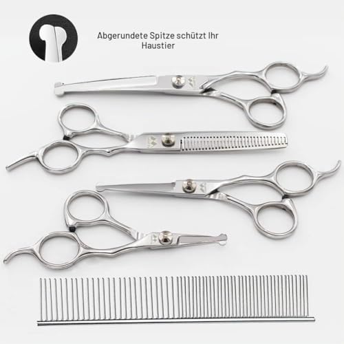 Hundeschere mit Rundspitze, 5 in 1 Hundescheren Set, Edelstahl Katze Fellpflege Schere, Hunde Scheren Set für Ganzkörper, Gesicht, Nase, und Ohr