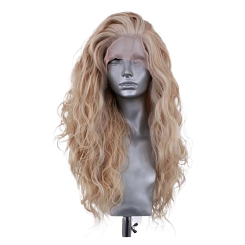 Peluca delantera de encaje sintético rubio ondulado largo, Compatible con pelucas estilo moda for mujer, fibra resistente al calor en parte libre(LACE FRONT_26INCHES)