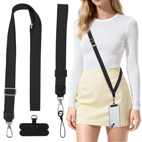 HONZUEN Adjustable Phone Lanyard, Universal Lanyards for Neck, Phone Wrist Strap with 2 Patches, Crossbody Neck Strap for Most Smartphones, Black