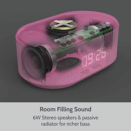 i-box Dawn, Alarm Clock Radio, Alarm Clocks for Bedrooms, FM Radio, Alarm Clock with Wireless Charging, Wireless Speakers with Bluetooth, Digital Alarm Clock, USB Port, Dimmable Night Light (Pink)