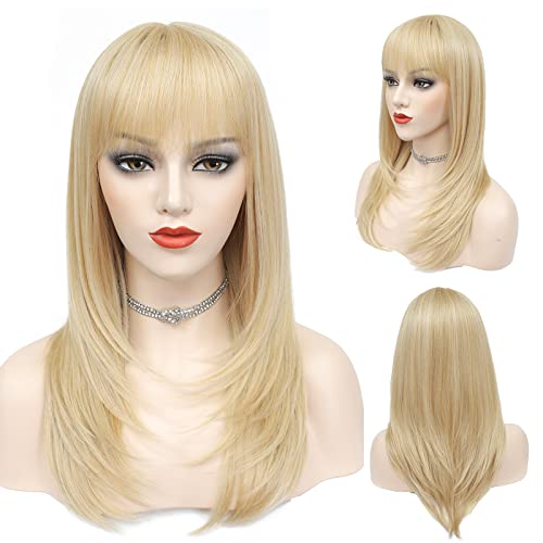 X-Tress 20' Perruque Blonde Femme avec Air Bangs Perruque Mi Long Synthétique Wig Effet Naturel Perruque avec Raie Centrale Perruque Ambré pour Femme Sans Colle Charmante Perruque Glueless(Gold)