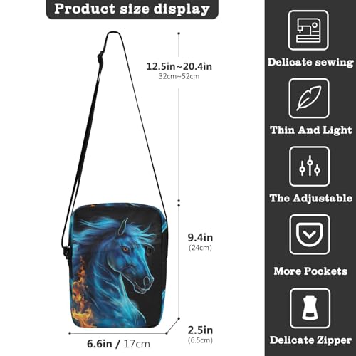 Crossbody Bag Blue Fire Flame Horse Messenger Bag for Women Men Purse Shoulder Bag Satchel Bag with Adjustable Strap 202b41853