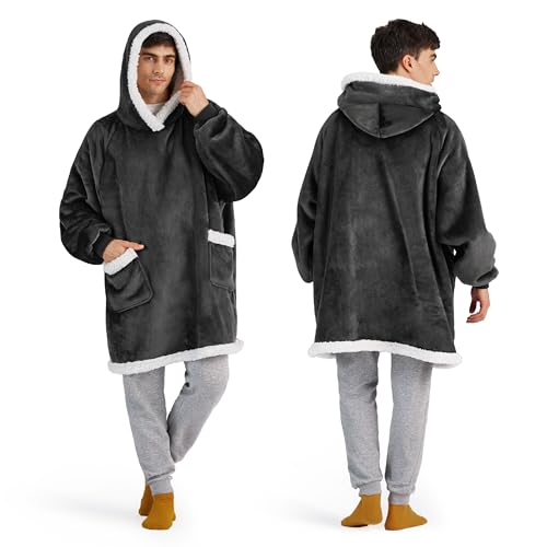 Bedsure Blanket Hoodie, Wearable Blanket for Adults & Kids as Gifts for Women Men, Birthday Gifts for Women Mom Girl Sherpa Oversized Hoodie, Grey Black, Oversize