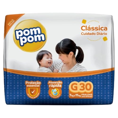Fralda Descartável Infantil Pom Pom Clássica G - Pacote com 30
