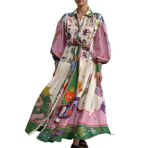 Robe Longue Vintage Graffiti pour Femme avec Ceinture, Robe Trapèze Plissée De Bal Col Chemise À Manches Longues