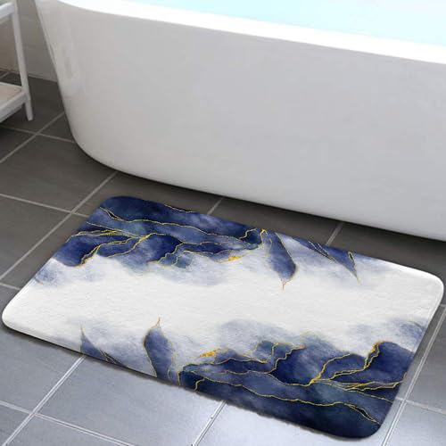 Navy Blue and Gold Marble Bath Mat for Bathroom, Modern