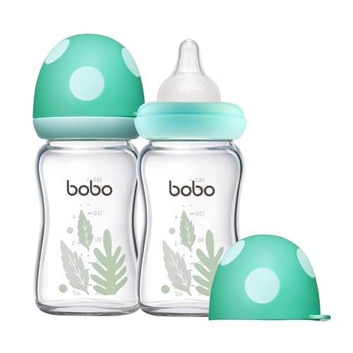 Image of YOHKOH Natural Glass Baby Bottle with Natural Response Nipple, Newborn Anti-Colic Baby Bottles, Wide Neck Mushroom Cap Baby Bottle, Clear ((5.4oz (Pack of 2), Blue)