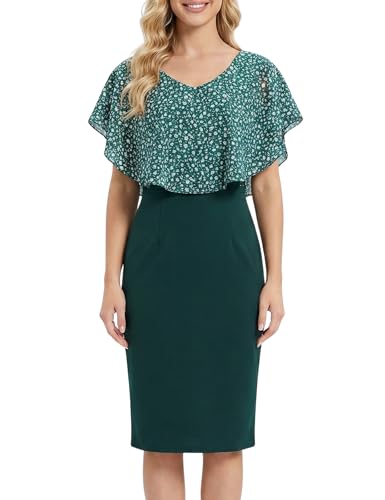 Melynnco Women's V-Neck Cape Overlay Sheath Dress Knee Length Elegant Work Casual Teacher Dress for Spring Summer Green Medium