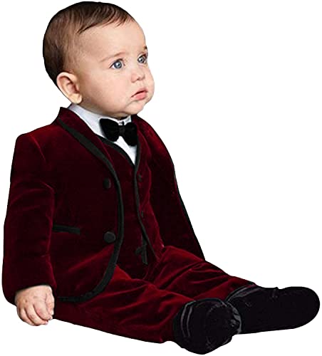 Boys Velvet Blazer Fashion 3 Piece Suits for Xmas Party Costume in Burgundy Color