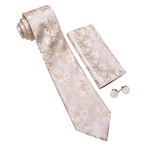 Image of Barry.Wang Flower Ties for Men Silk Woven Floral Tie Sets Necktie Handkerchief Cufflinks Wedding Party