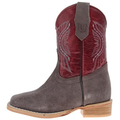 R Childrens Charcoal Rough Out with Dark Cherry Shaft Square Toe Boot2