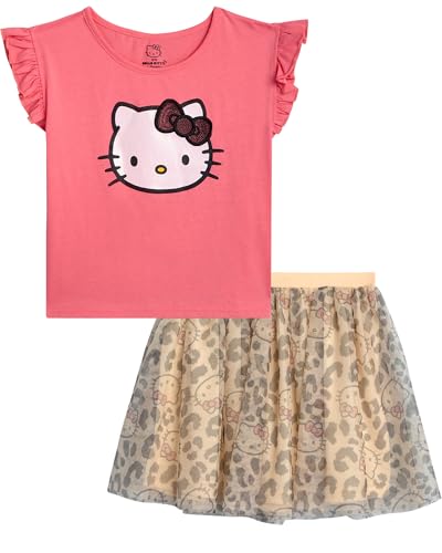 Image of Hello Kitty Girls Skirt Set - 2 Piece Short Sleeve T Shirt and Tutu Skirt Kids Outfit Set (Sizes: 2T-12)