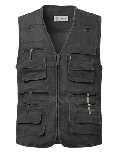 KTWOLEN Herren Outdoor Weste mit Multi-Taschened Anglerweste Jagd- und Angler Camping Wandern Weste Freizeit Ärmellos Jacke, Schwarz, XXL