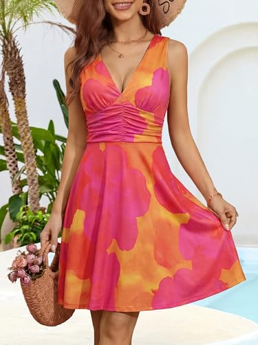 Image of OURIN Women's Spring Deep V Neck Sleeveless Floral Sundresses with Pockets Flowy Summer Dresses for Women