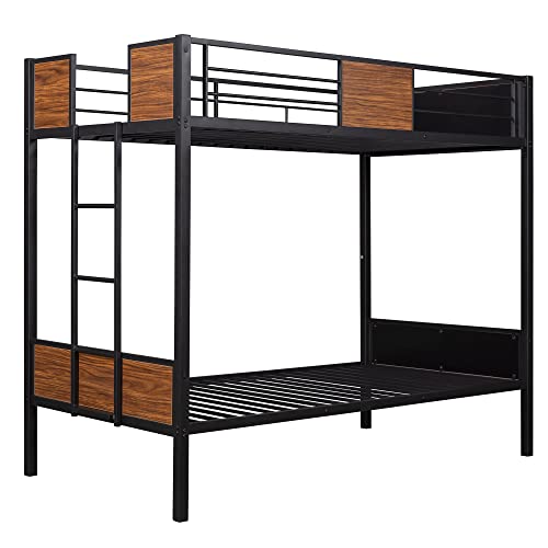 Harper & Bright Designs Metal Bunk Bed Twin Over Twin, Heavy Duty Twin Bunk Bed With Built-In Ladder For Kids Boys Teens Bedroom, Dorm, Easy Assembly With Enhanced Guardrail, Black+Mdf #TOP4