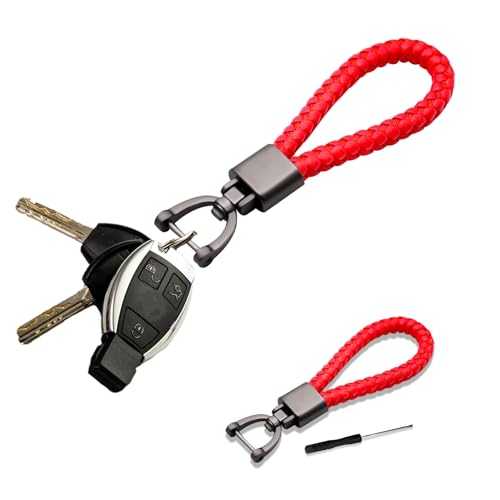 deemars Autoschlüsselanhänger aus echtem Leder, Autoschlüsselhalter mit 360 Grad drehbarem D-Ring und Schraubendreher, Woven Strap Braided Rope Schlüsselanhänger Universal für Männer (Rot)