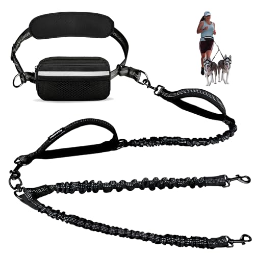 Uppetly Hands Free Double Dog Leash with Pouch, Dual Leash for 2 Dogs with Reflective Padded Handles, Durable Bungee and Lumbar Waist Belt for Walking, Jogging and Running (Medium/Large, 25-120 lbs)