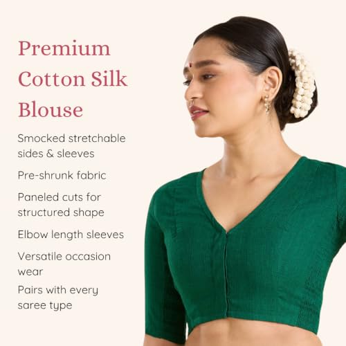 Image of Studio Shringaar Women's Thick Handloom Cotton Plain Side Stretch (Smocked) Readymade Saree Blouse