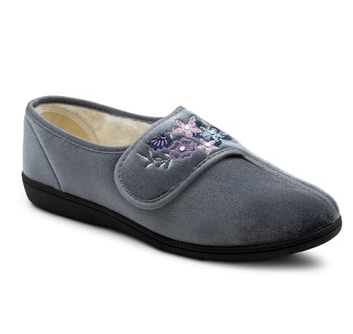 Dr Keller Womens Velour Faux Fur Lined Ladies Winter Wide Opening Diabetic Orthopaedic Slippers (Grey, 6, UK Footwear Size System, Adult, Women, Numeric, Medium, 6)