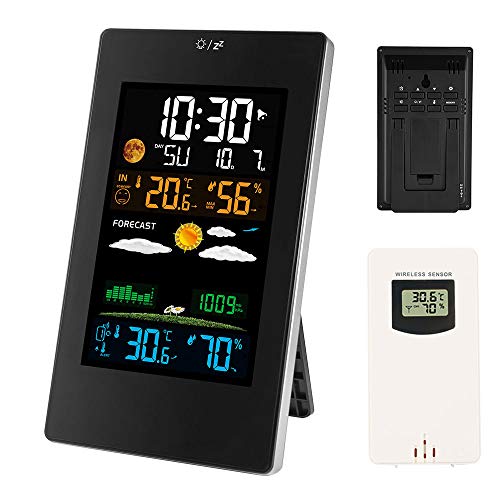 bottlewise Station Météo sans Fil avec Capteur Extérieur,Thermomètre Hygromètre Colorée Intérieur Thermomètre Humidité Baromètre Alarme Phase de Lune Horloge météo Cover